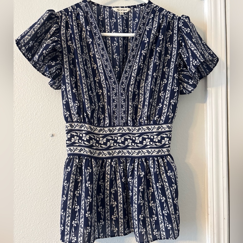 Max Studio Navy and White Striped Floral Blouse